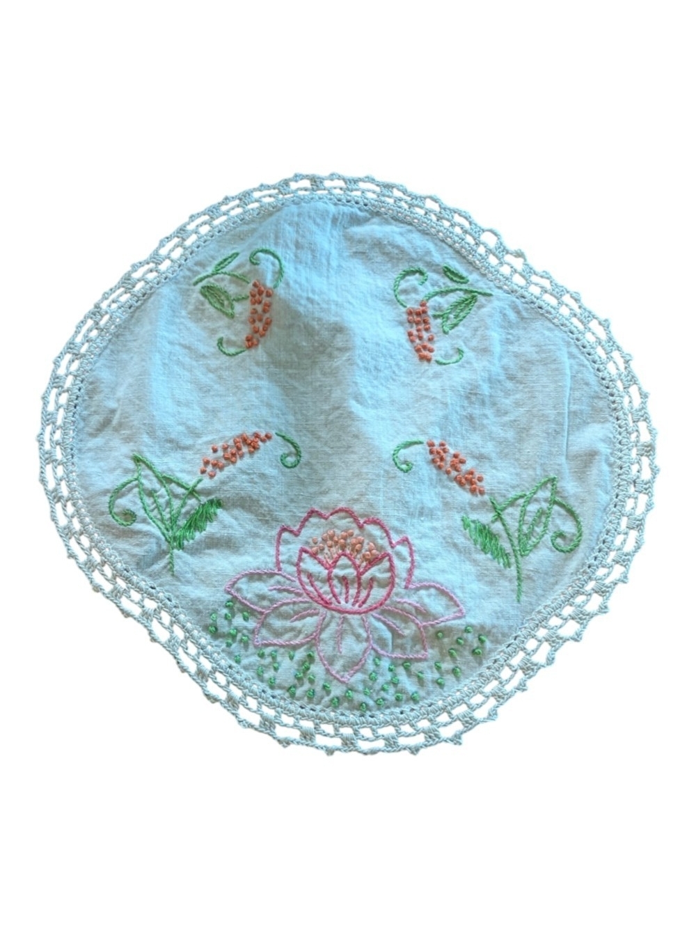 Vintage Embroidered Floral Doily - Off-White with Pink & Green